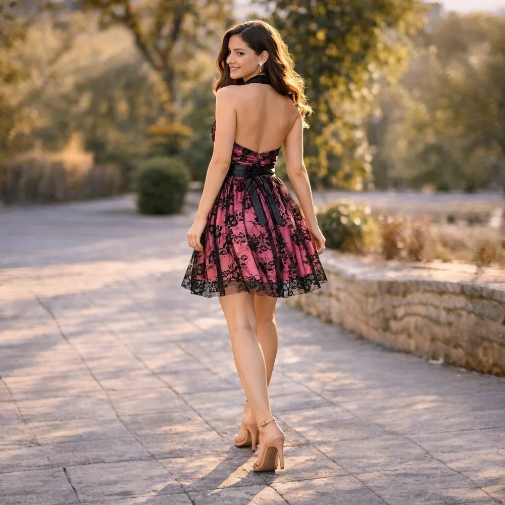 Backless Lace Overlay Halter Mini Dress | Ribbon Tie Waist | Size S | Pink - Picture 2 of 7